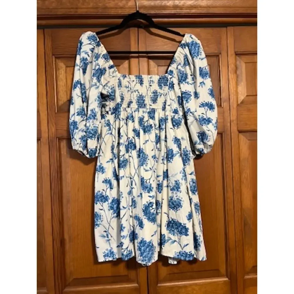 Abercrombie & Fitch Emerson Poplin Puff Sleeve Mini Dress Blue Floral Size MT - Picture 11 of 12